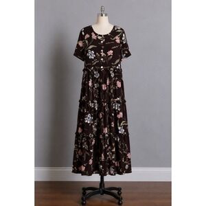 Cactus Flower Floral Tiered‎ Maxi Dress Women Large Brown Rayon Cottagecore